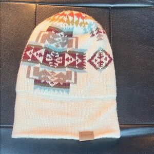 Pendleton Cream Beanie with Multicolor Geometric Pattern